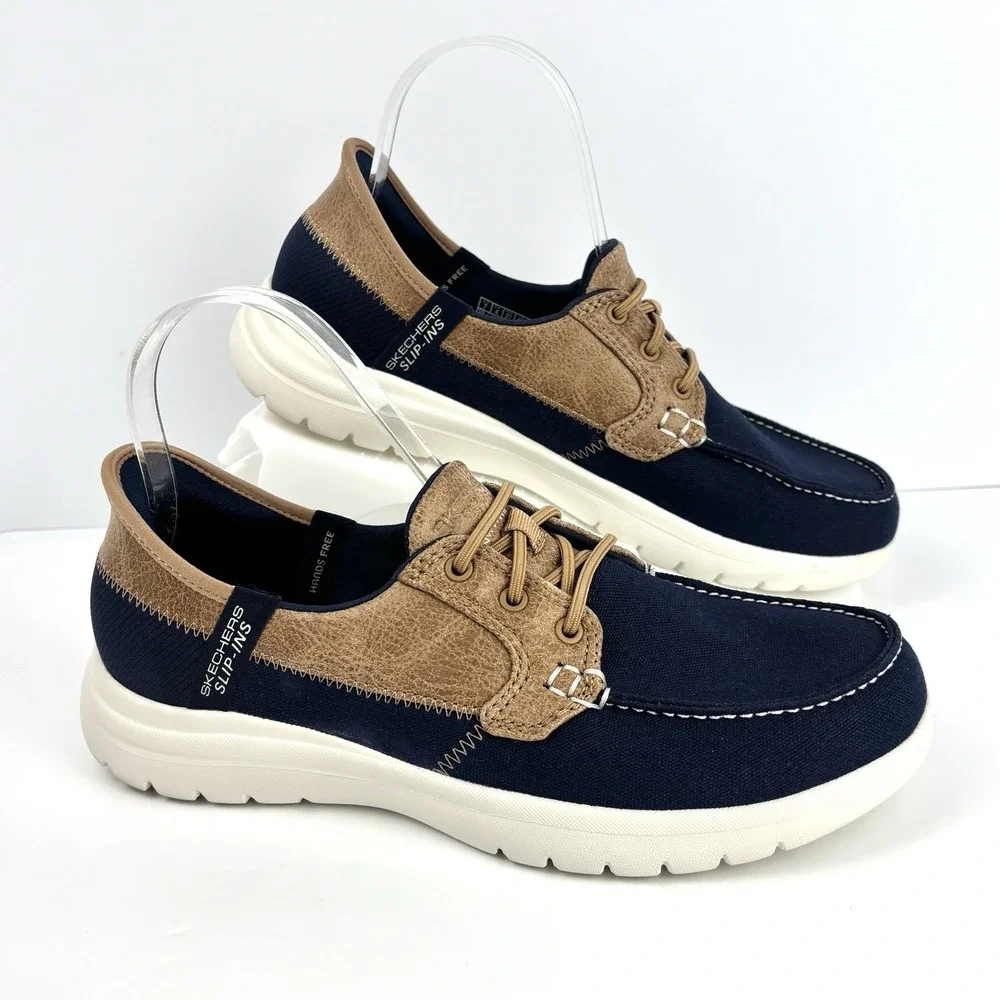 Skechers Slip-Ins Boat Shoes Navy Tan Canvas Women's 7 Air Cooled Memory